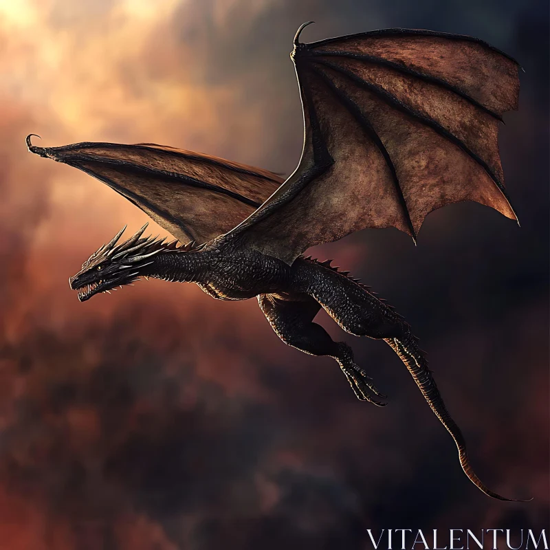 AI ART Black Dragon Flight Against Fiery Sky