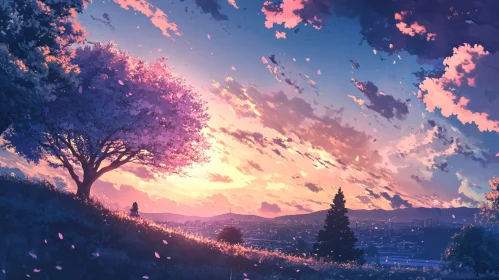 Sunset Over Distant City With Pink Tree