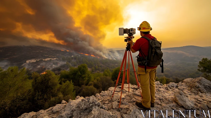 Firefighter Observes Forest Fire AI Image