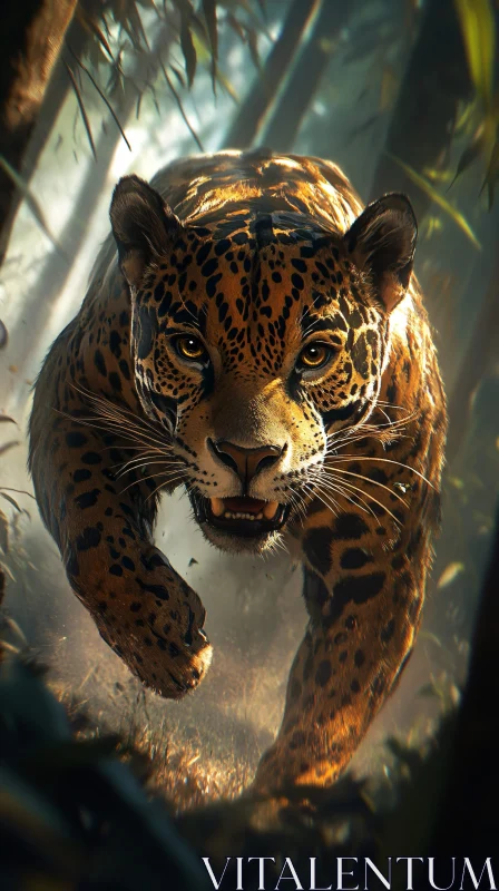 Jaguar in Motion Amidst Jungle Foliage AI Image