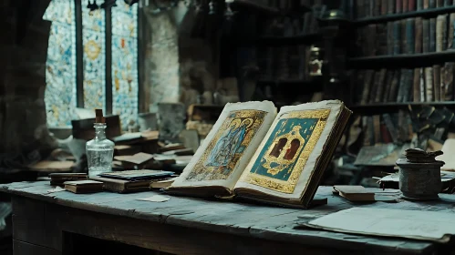 Historical Library with Illuminated Manuscripts