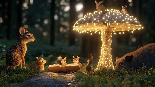 Glowing Mushroom Gathering in the Woods