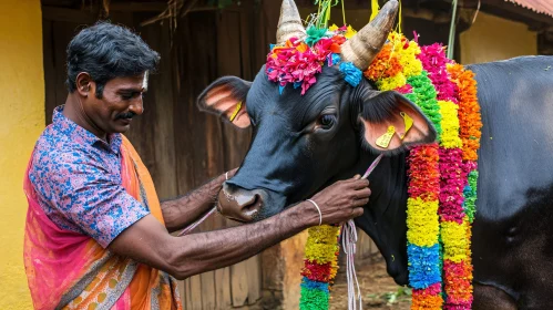 Cow Adorned with Garlands and Flowers