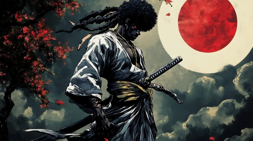 Samurai with Katana and Red Moon