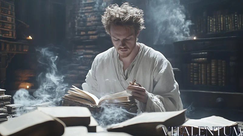 AI ART Man Reading Old Books in Smoky Library