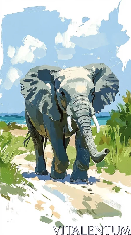 Elephant in a Serene Landscape Painting AI Image