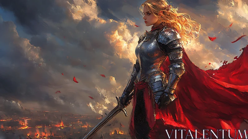 AI ART Female Knight with Sword over Burning City