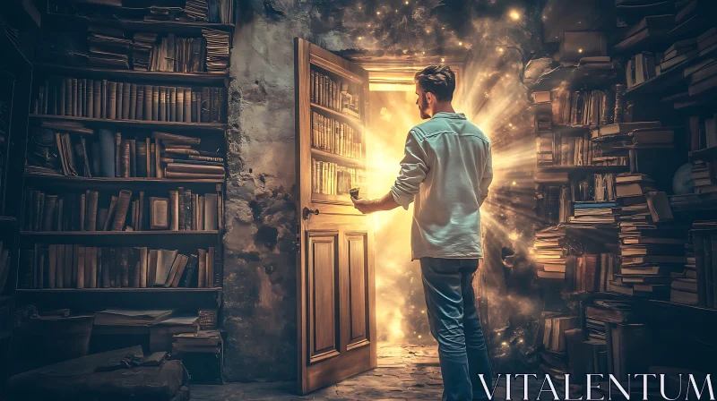 AI ART Illuminated Doorway in a Book Filled Room