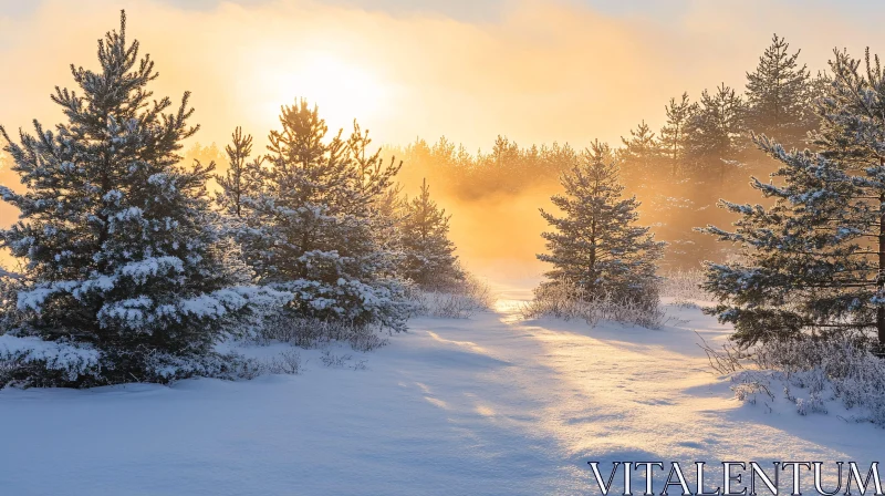 AI ART Sunrise Illuminates Snow-Covered Forest