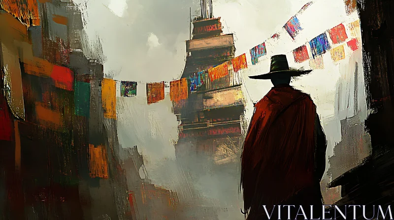 Urban Scene with Cloaked Figure and Banners AI Image