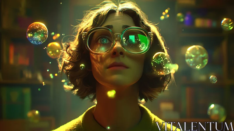 AI ART Woman with Glasses Surrounded by Bubbles