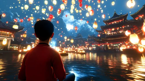 Cityscape with Glowing Lanterns at Night