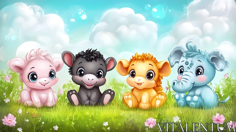 Cute Baby Animals in a Flower Field AI Image