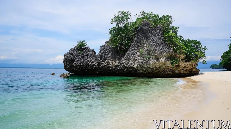 AI ART Tropical Beach with Clear Waters and Vegetated Rock