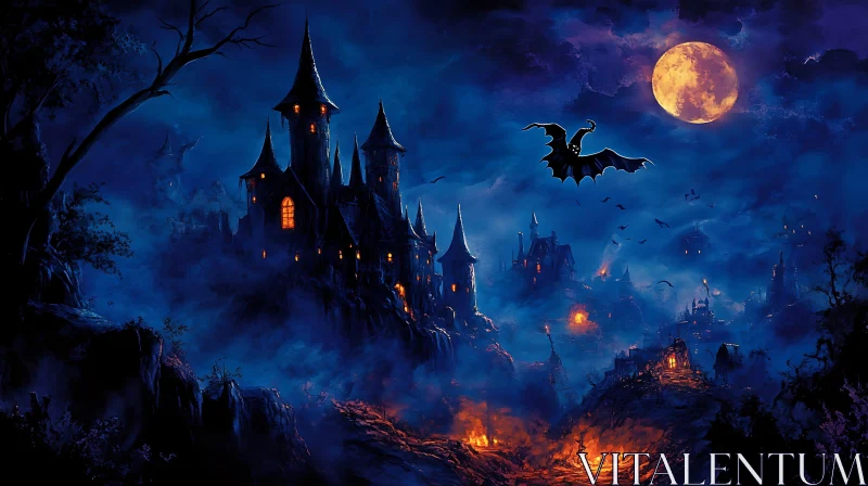 Moonlit Castle with Flying Bat AI Image