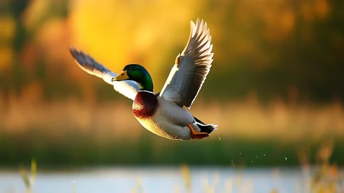 Duck Flying over the Lake