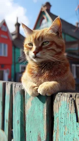 Lounge Cat with Colorful Village Background