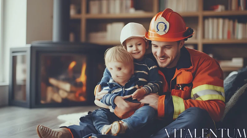 AI ART Father and Kids near Cozy Fireplace