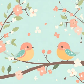 Birds on Blossoming Branch Illustration