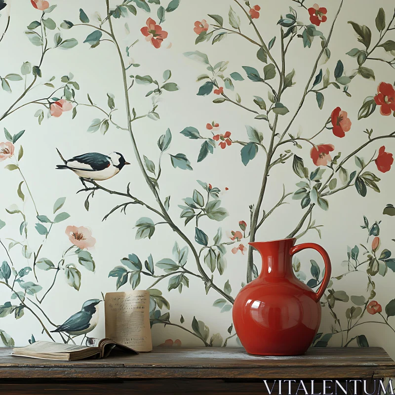 Vintage Decor with Bird and Branch Motif AI Image