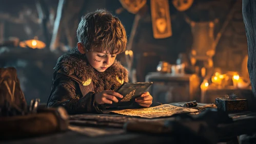 Boy in Viking Costume Reading