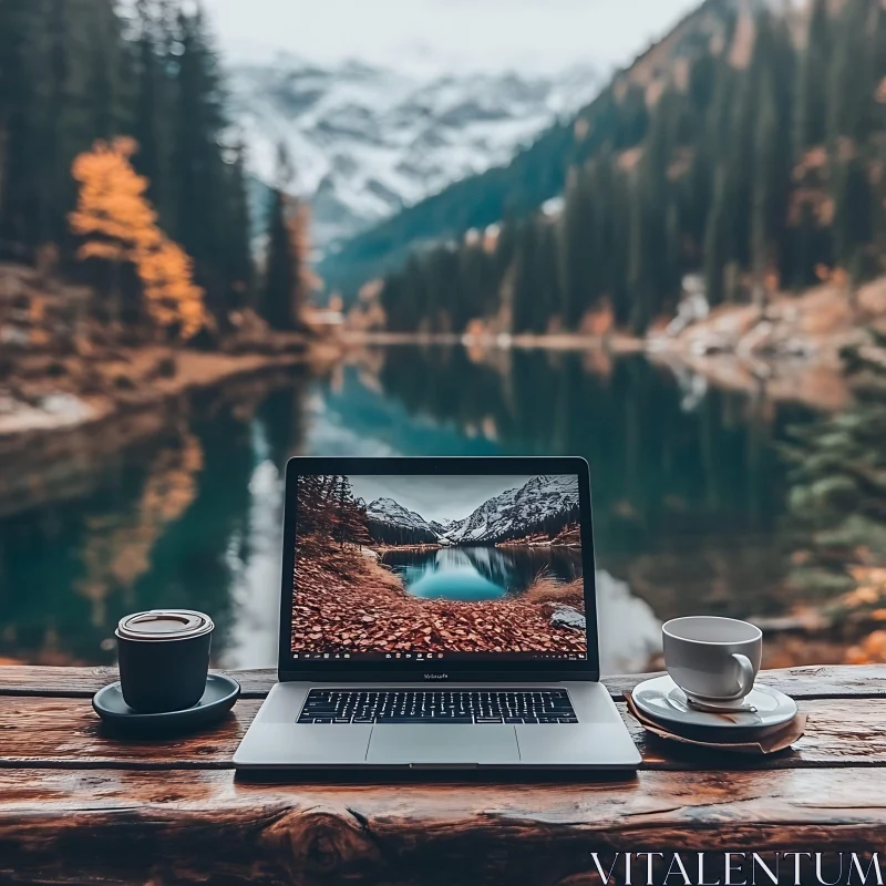 Mountain Lake Workspace with Laptop and Coffee AI Image