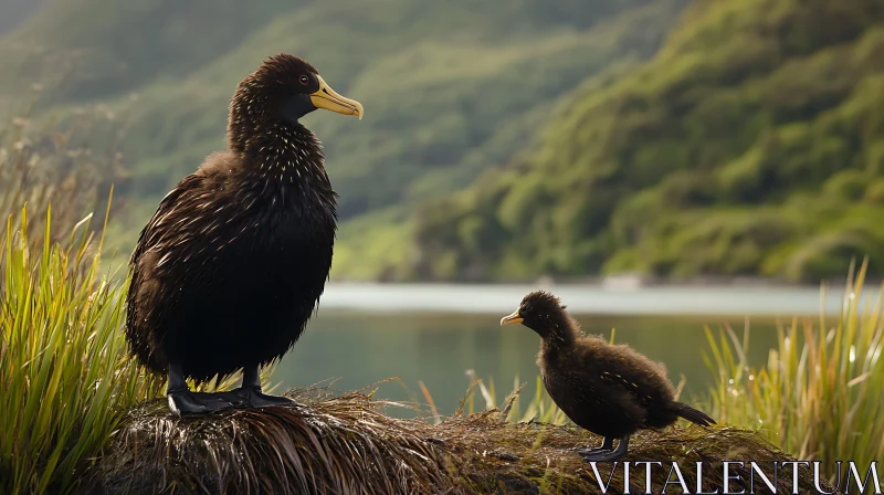 Two Flightless Birds near Lake AI Image