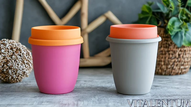 Elegant Coffee Cups in Pink and Gray AI Image