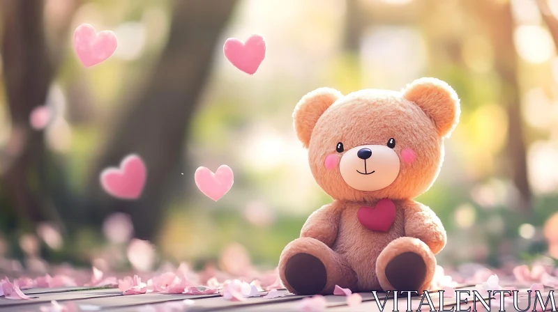 AI ART Teddy Bear Surrounded by Pink Hearts