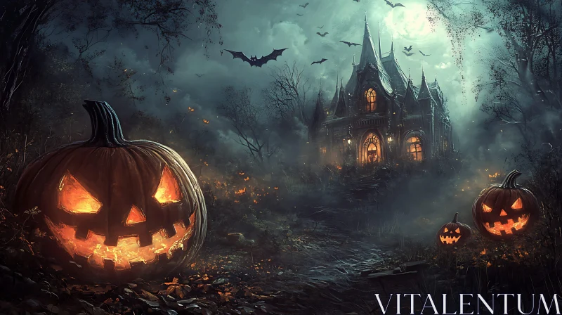 Eerie Halloween Scene with Pumpkins AI Image