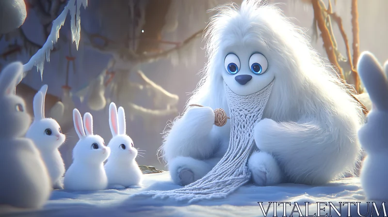 AI ART Winter Friends: Yeti Knitting with Bunnies