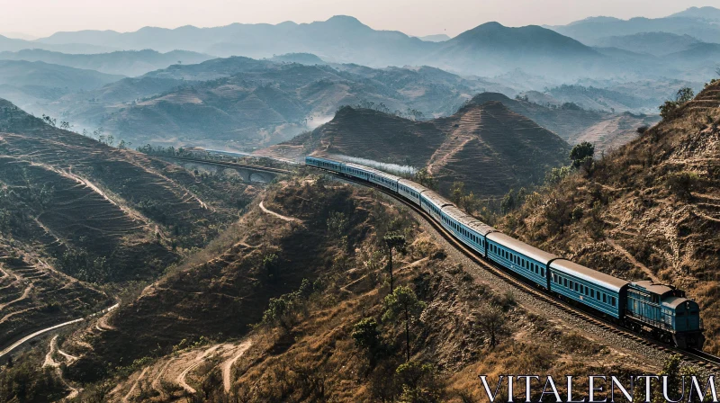 Train Through Mountainous Landscape AI Image