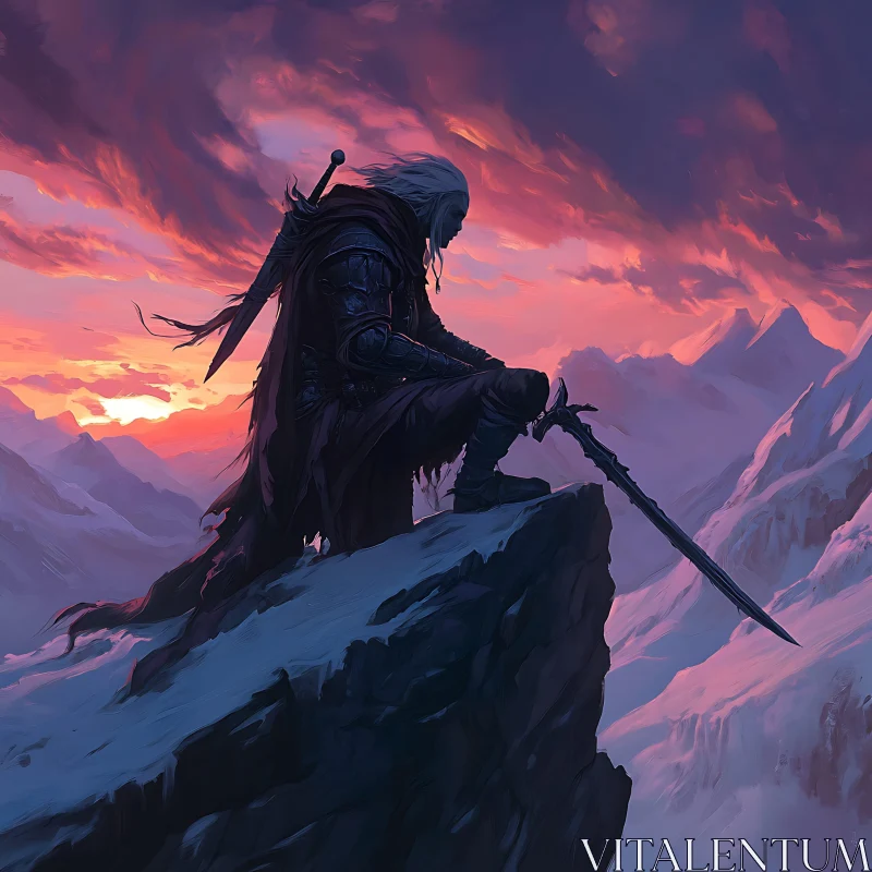 AI ART Lone Warrior, Mountain Sunset