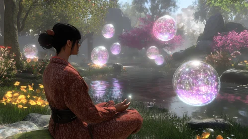 Woman Meditating with Glowing Orbs