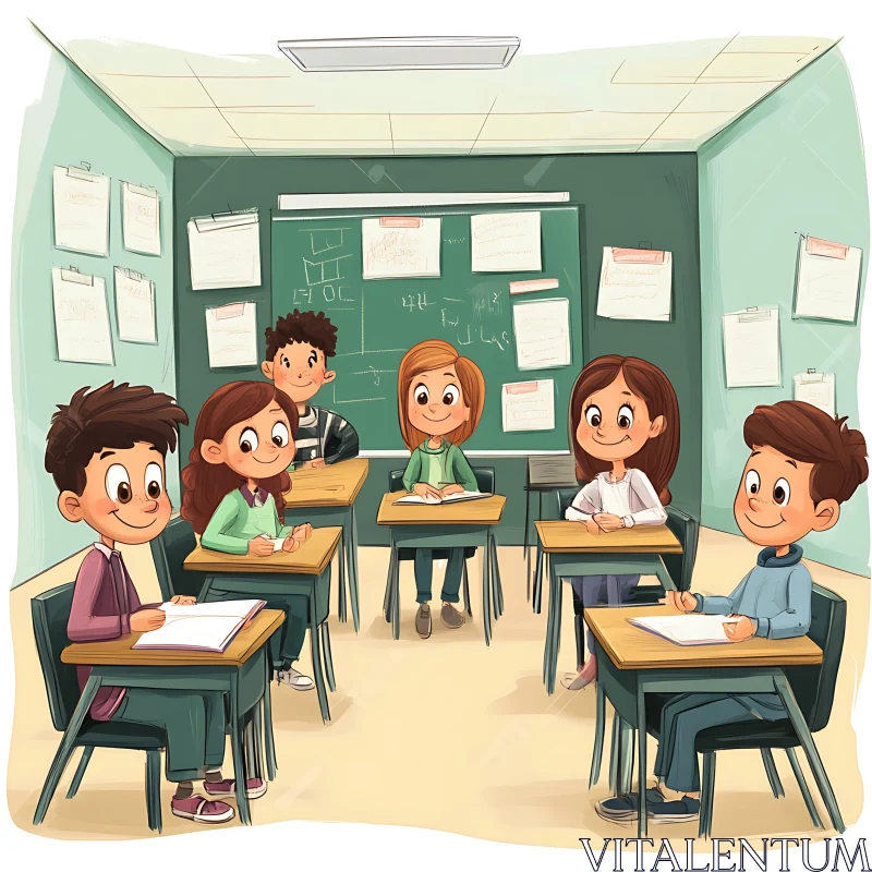 AI ART Students in Class Cartoon Illustration