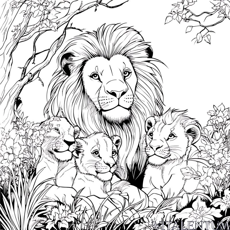 AI ART Monochrome Lion and Cubs