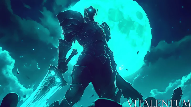 AI ART Teal Knight with Sword and Moon