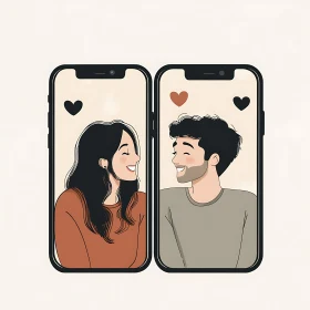 Smiling Couple on Phone Screens