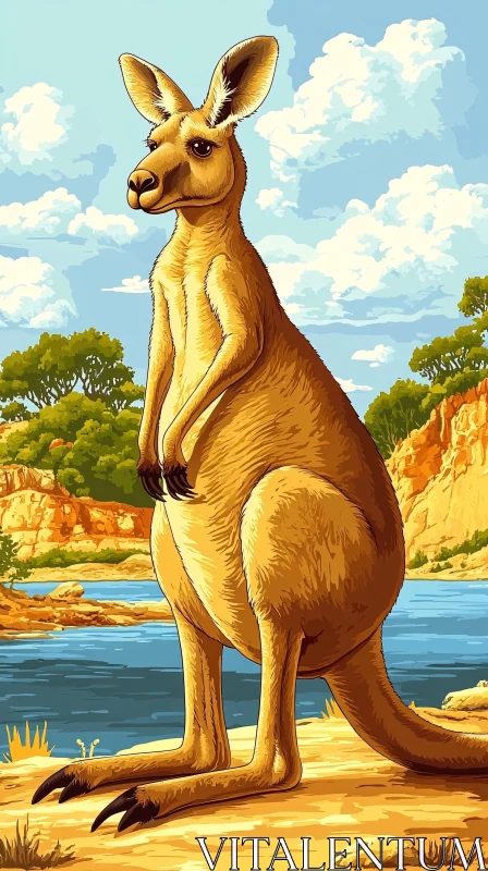 AI ART Kangaroo by River in Australian Outback