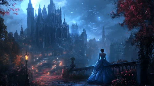 Woman in Blue Dress Overlooking Castle