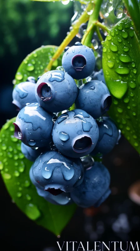 Blueberries on Branch with Water Drops - Environmental Art AI Image