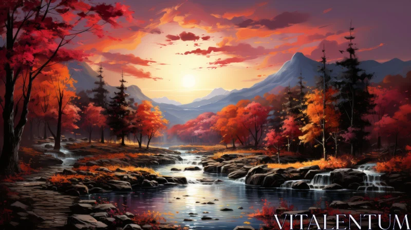 Captivating Autumn Sunset Waterfall Painting | UHD Image AI Image