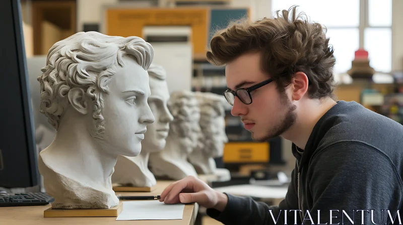 AI ART Man Drawing Plaster Sculpture in Studio