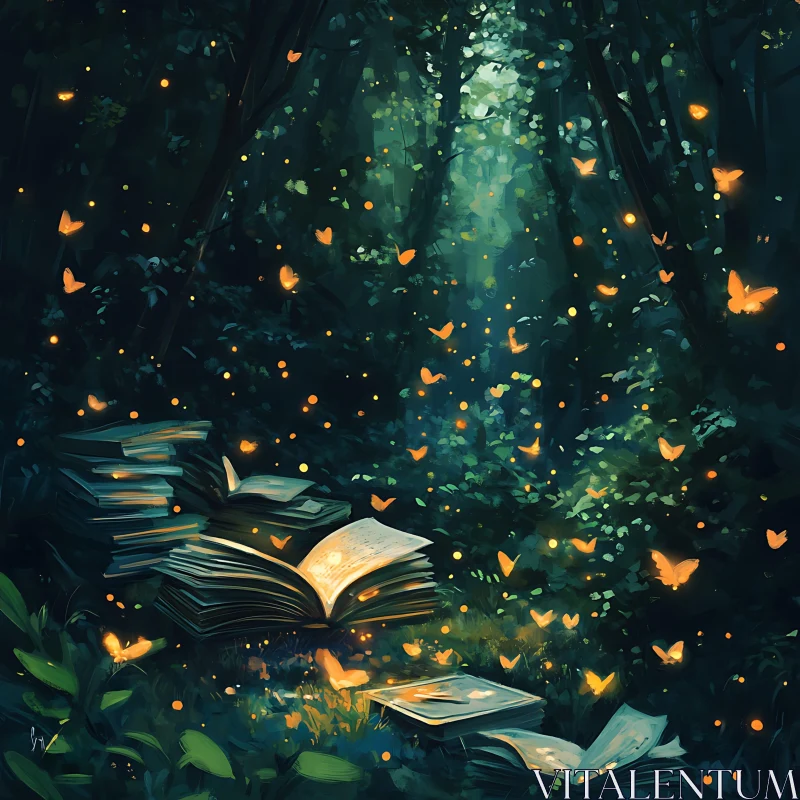 Glowing Butterflies in Forest of Knowledge AI Image