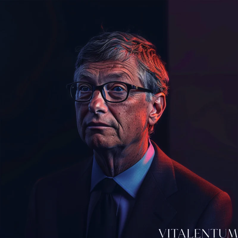 AI ART Detailed Bill Gates Portrait with Red and Blue Lighting