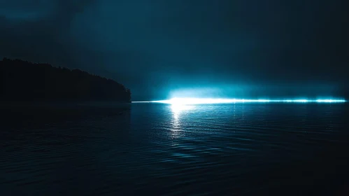 Night Lake with Bright Light Horizon