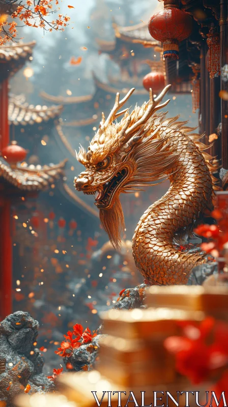 Mythical Golden Dragon Statue AI Image