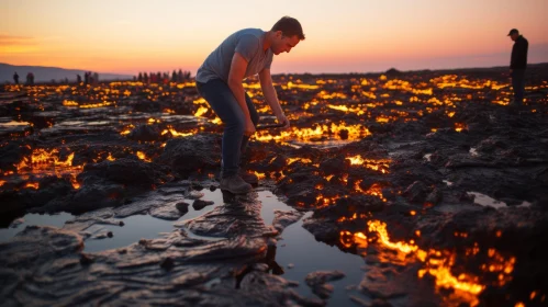 Enigmatic Person on Lava Field with Captivating Fire | Canon EOS 5D Mark IV