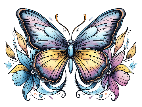 Ethereal Watercolor Butterfly with Flowers on a Transparent Background POD Design