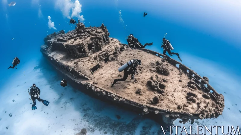 Exploring the Depths: Scuba Divers Discover an Ancient Shipwreck AI Image